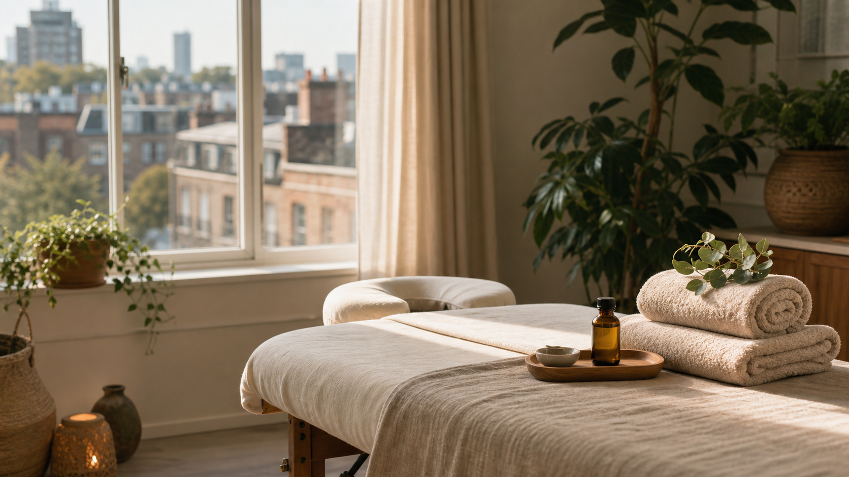 At-home massage setup in a calm London apartment
