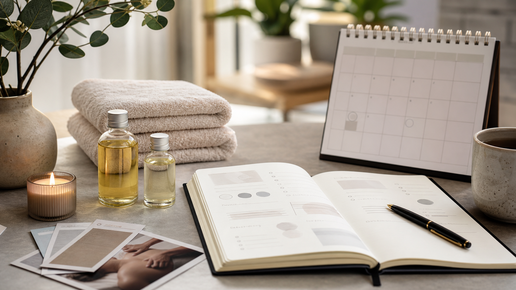 Checklist for a mobile massage booking beside a phone and appointment calendar