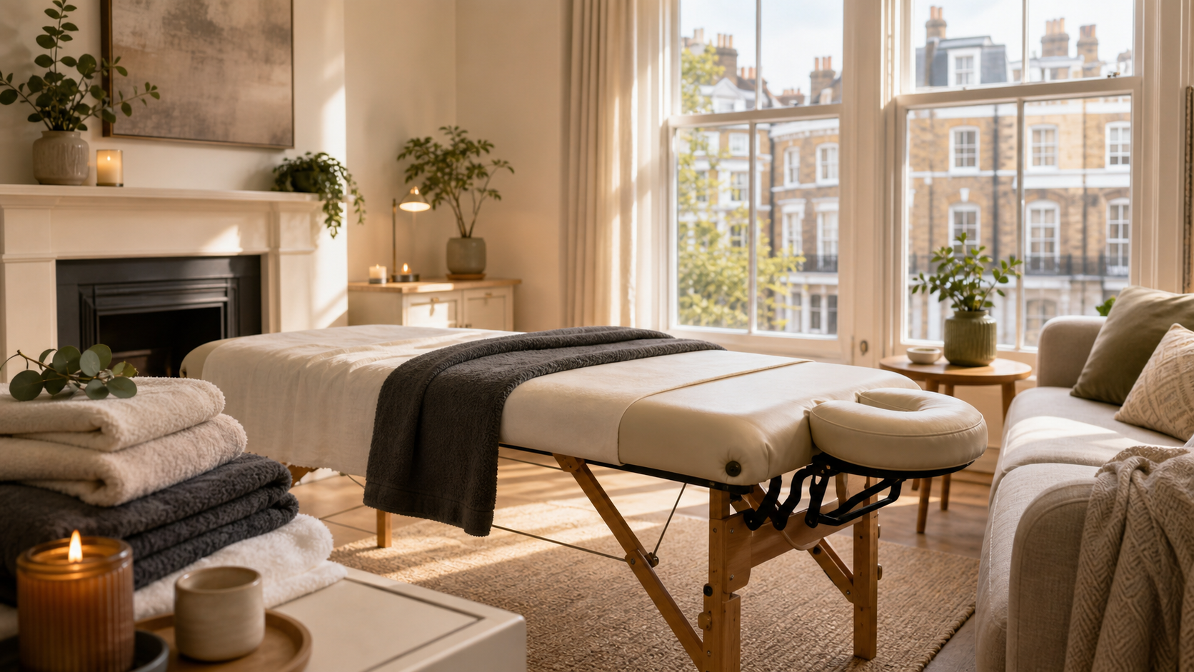 Massage table towels and oils prepared for a first at-home booking in London