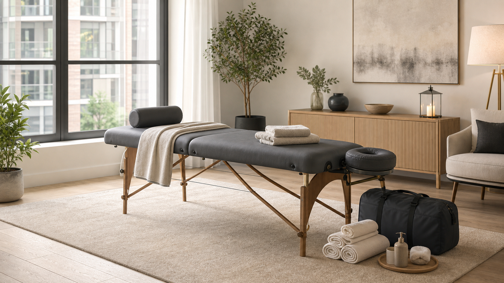 Clear living room setup showing space around a portable massage table