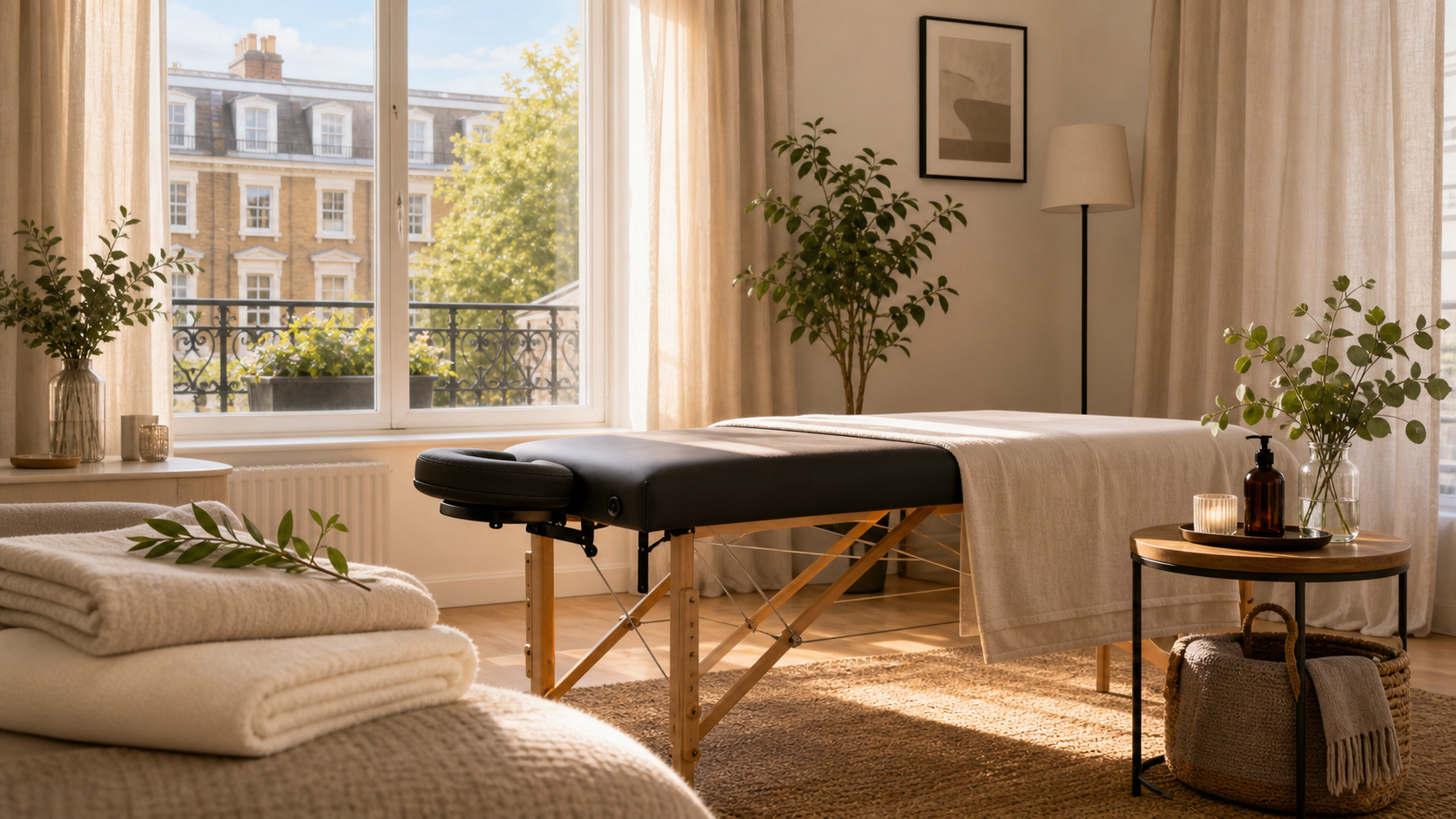 Portable massage table set up in a bright London home for a mobile massage appointment