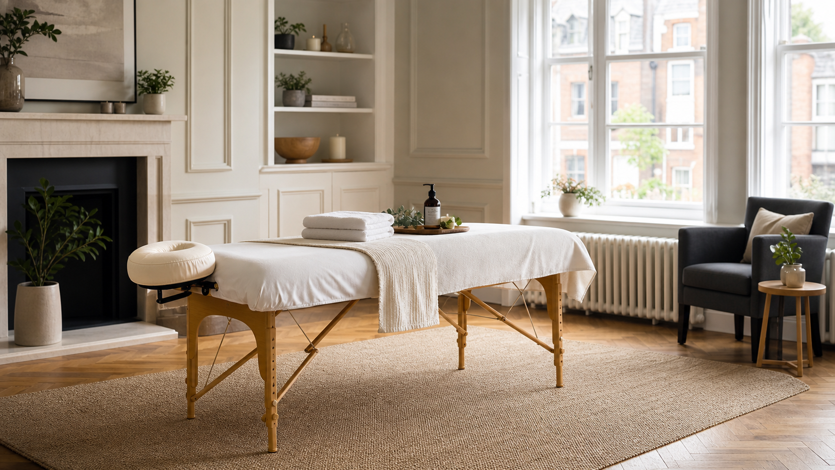 Calm at-home massage setup with clear floor space and fresh linens in a London apartment