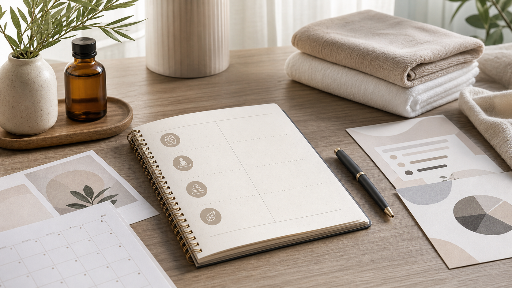 Ruuby booking comparison notes beside a calendar and massage supplies