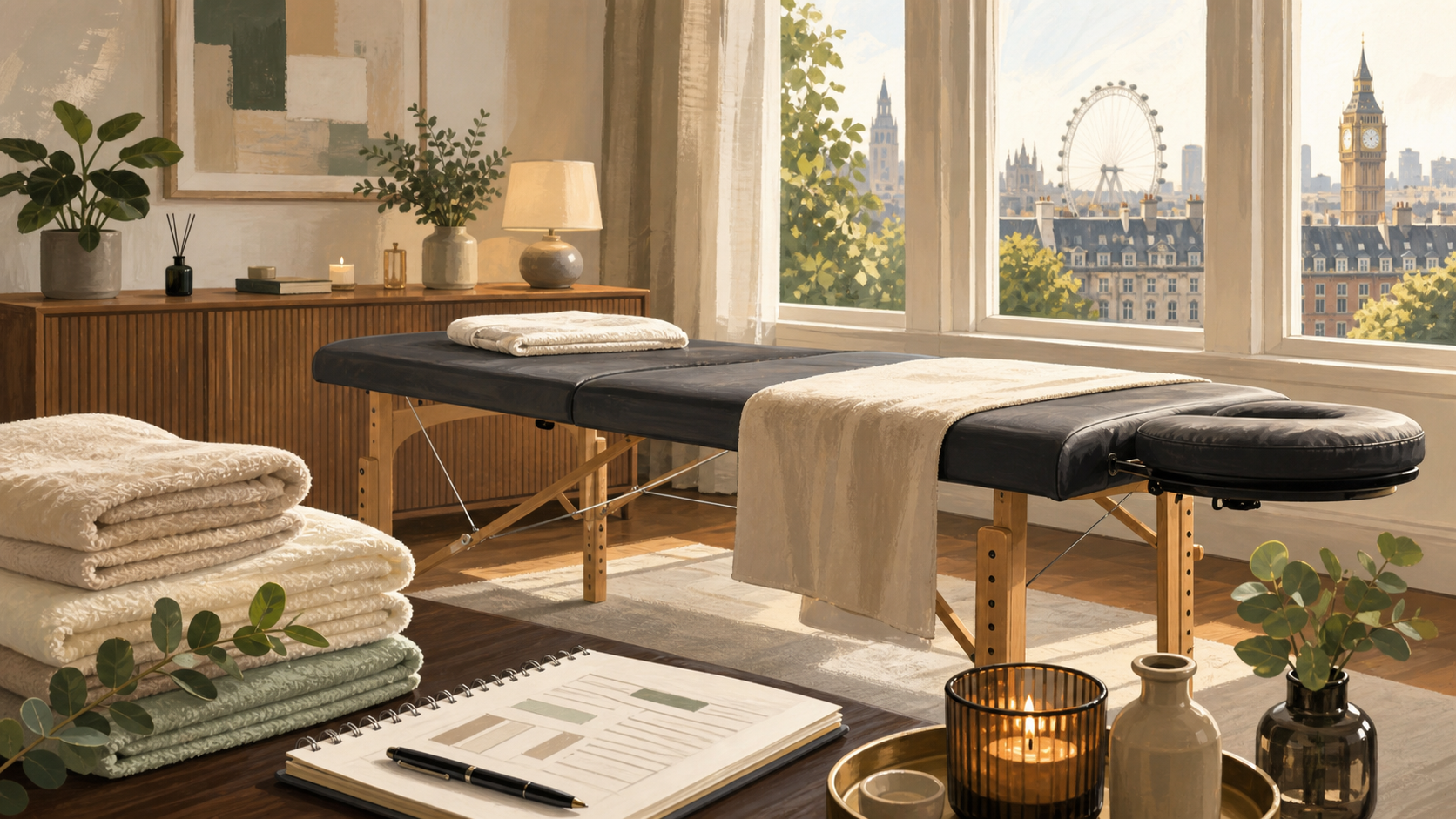 Ruuby mobile massage review scene with towels appointment notes and a calm London room