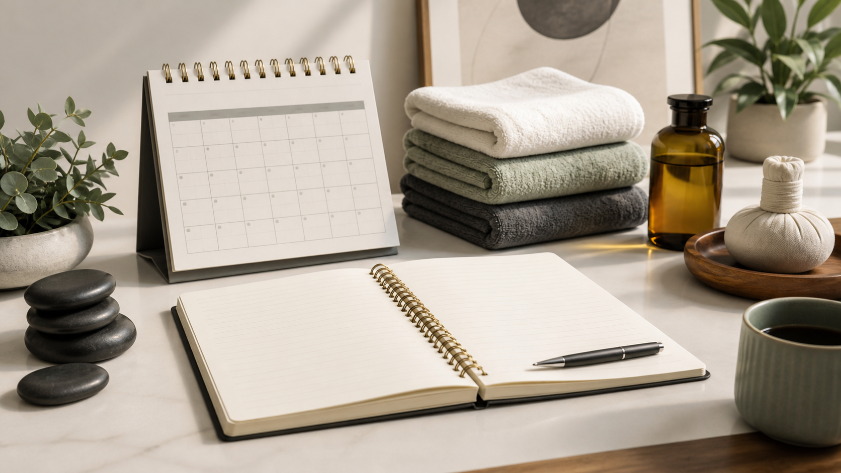 Urban booking comparison notes beside a calendar and massage supplies