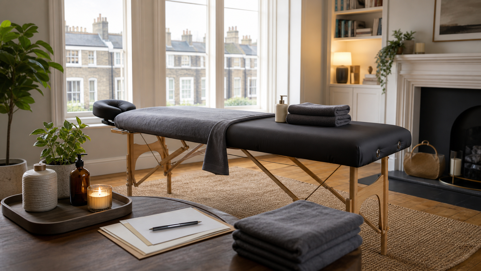 Urban mobile massage review scene with towels appointment notes and a calm London room